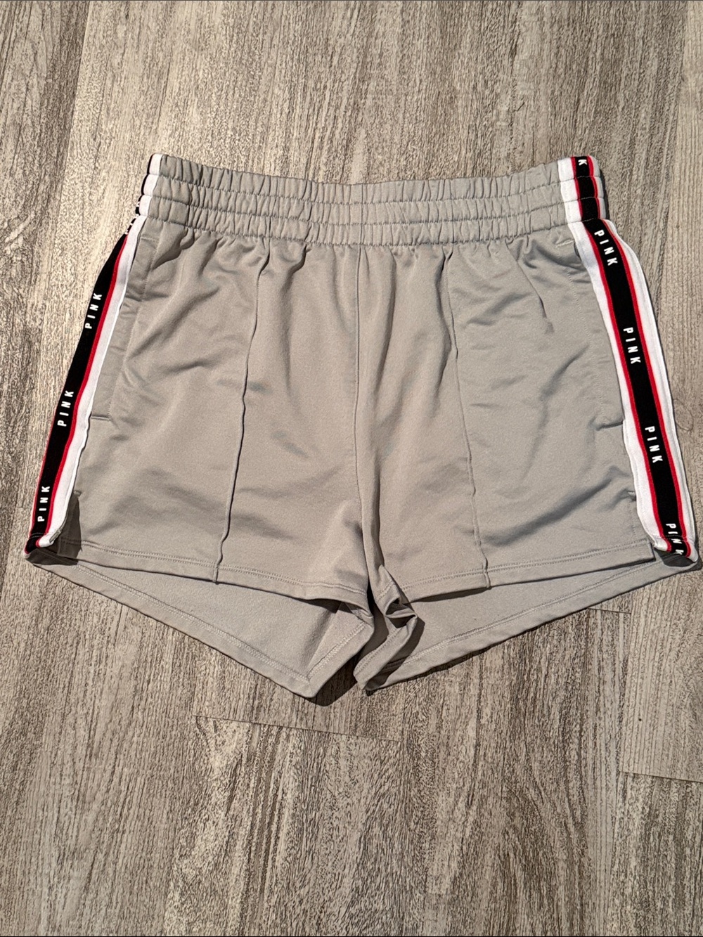 PINK Victoria's Secret Light Gray Athletic Shorts with Red & Black Side Stripes